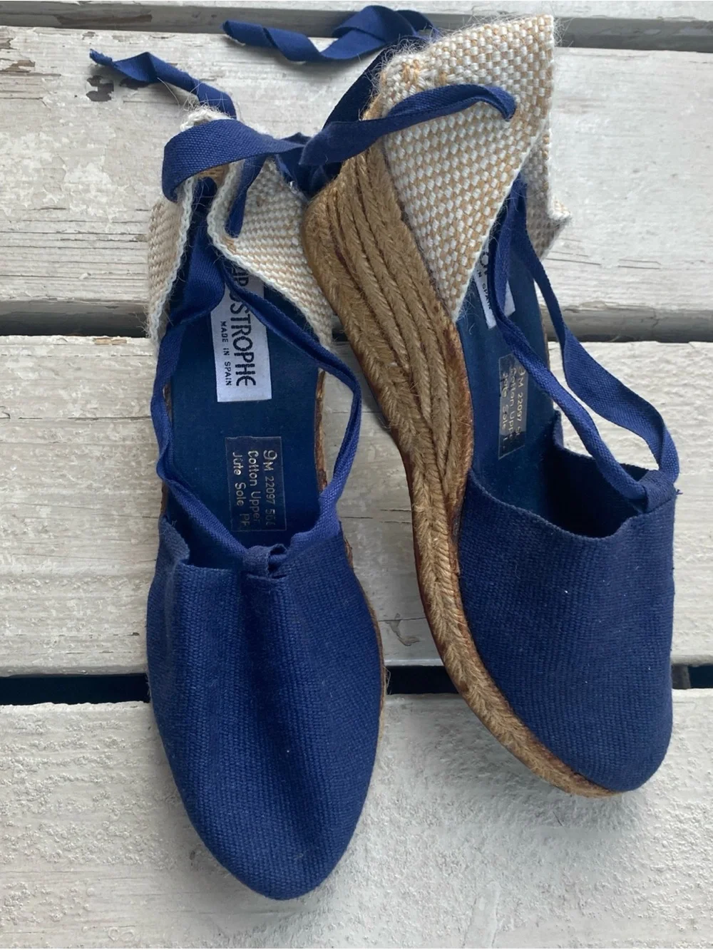 Vintage Apostrophe Navy Blue Espadrille Wedges Ankle Tie Canvas Sandals 9M Spain
